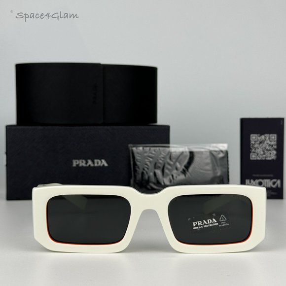 NEW Prada PR06YS 17M5S0 Talc Orange Dark Grey Rectangle Unisex Sunglasses - Picture 4 of 11